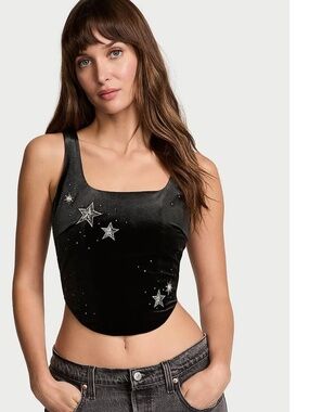 Victoria's Secret Black Velvet Star-Accented U Neck Corset Top Large